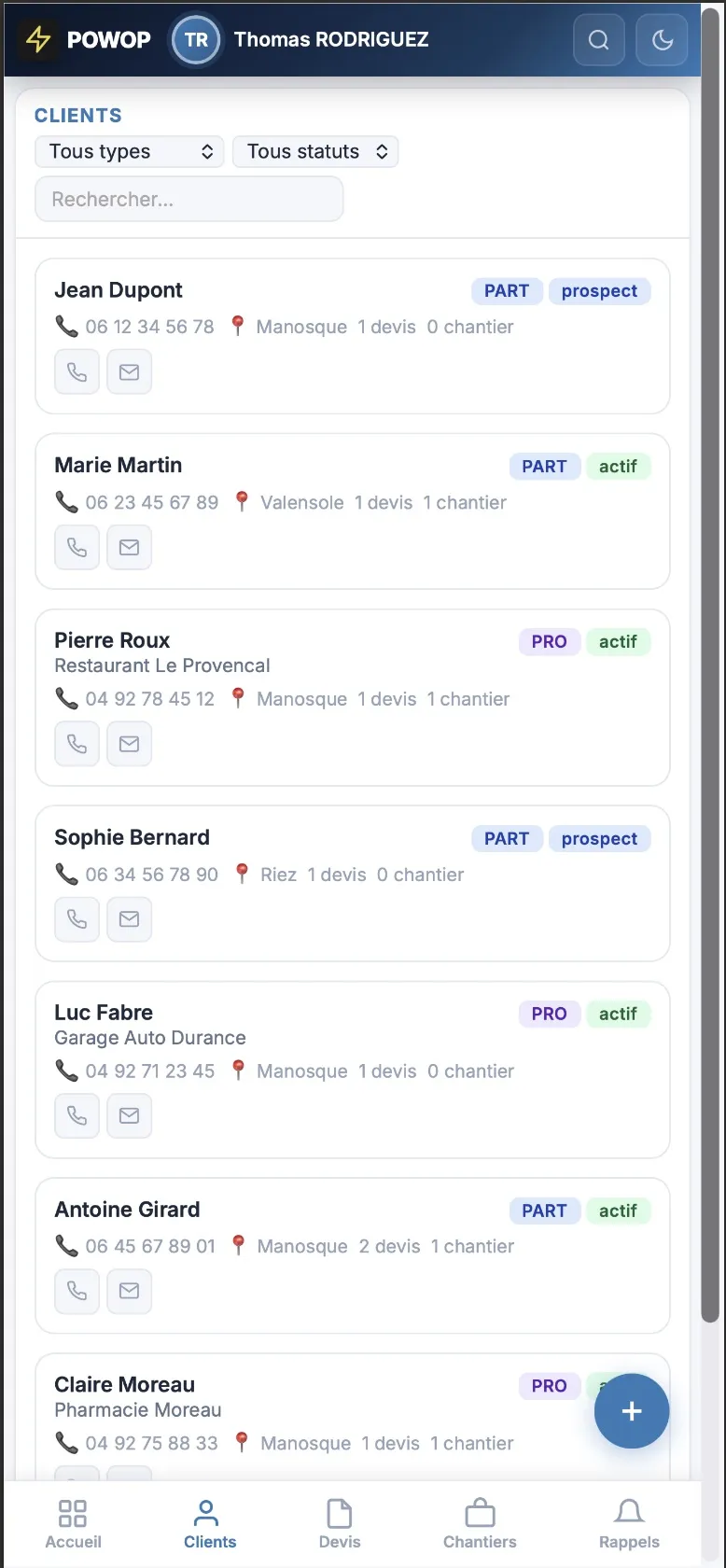 CRM artisan BTP vocal · gestion clients et contacts