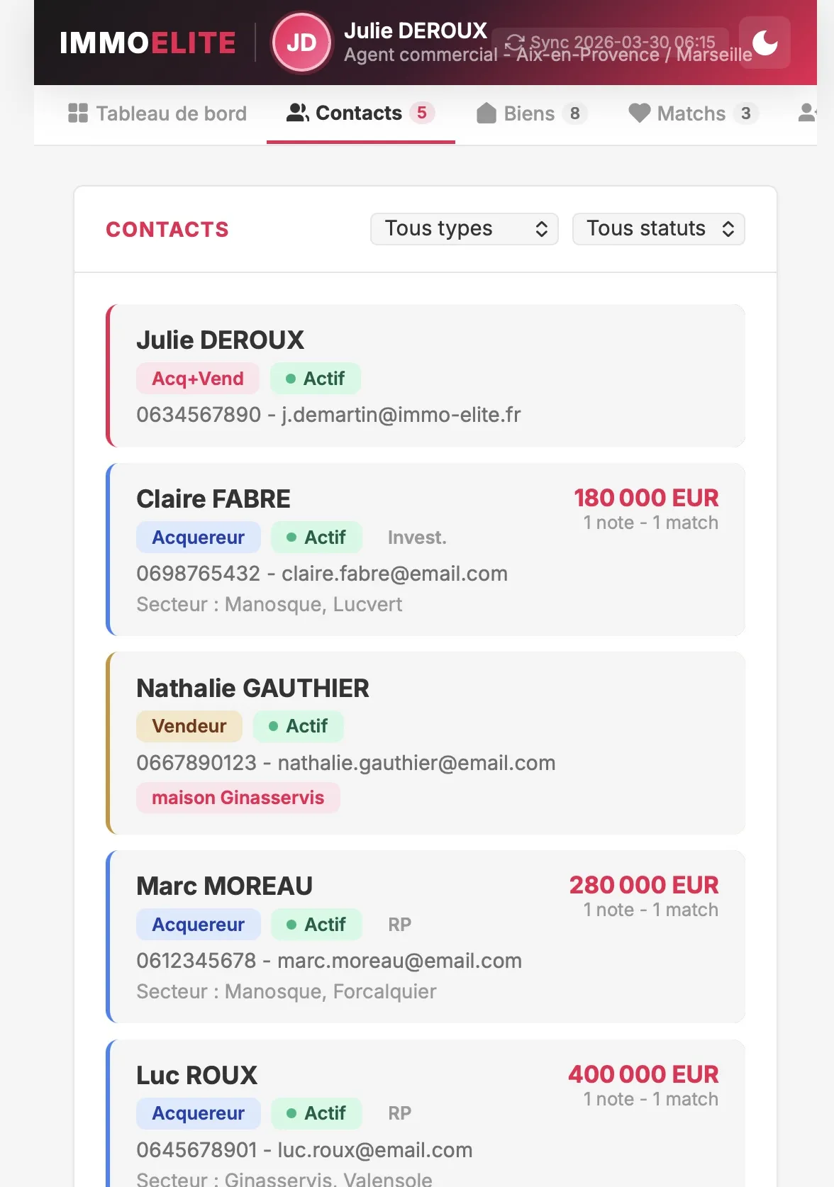 PILOT.IA CRM Immobilier · Gestion des contacts et fiches clients