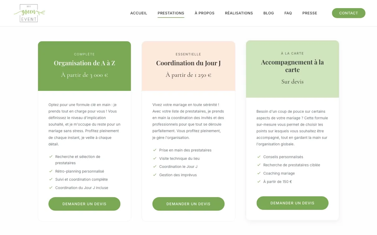 My Green Event · Prestations et tarifs wedding planner