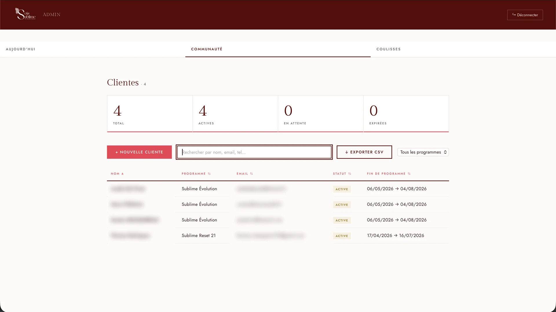 Sois Sublime · Liste clientes admin