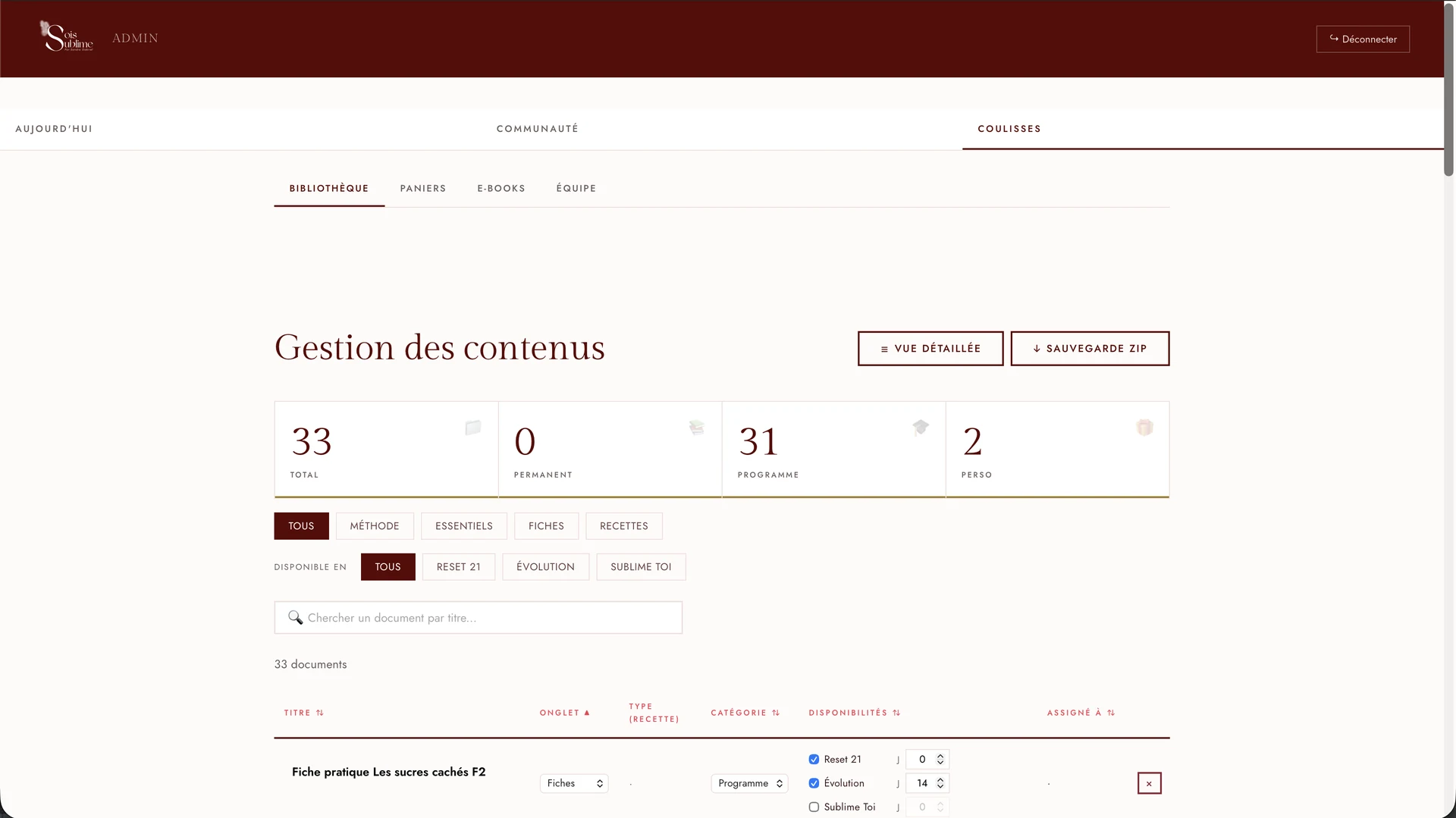 Sois Sublime · Bibliothèque contenus admin