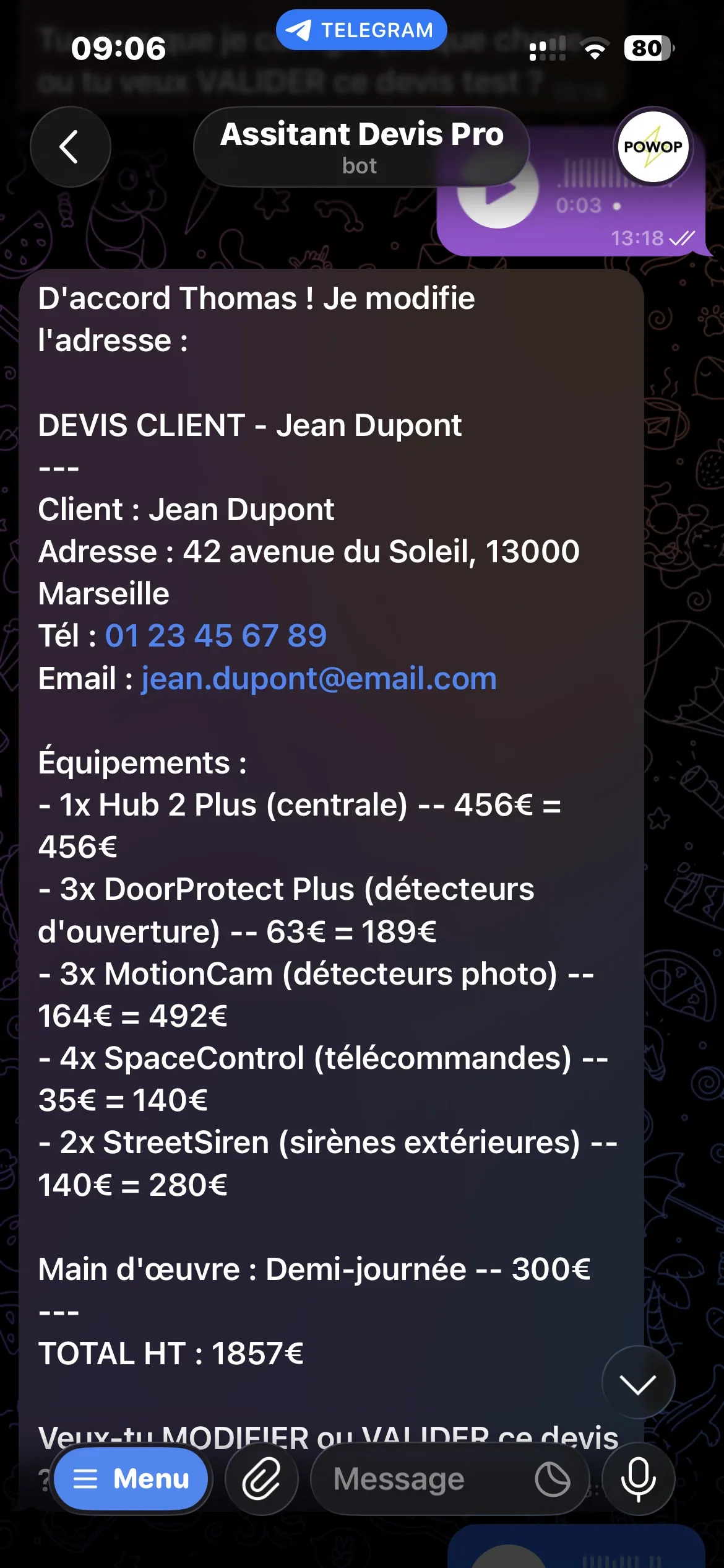 Devis vocal IA via Telegram