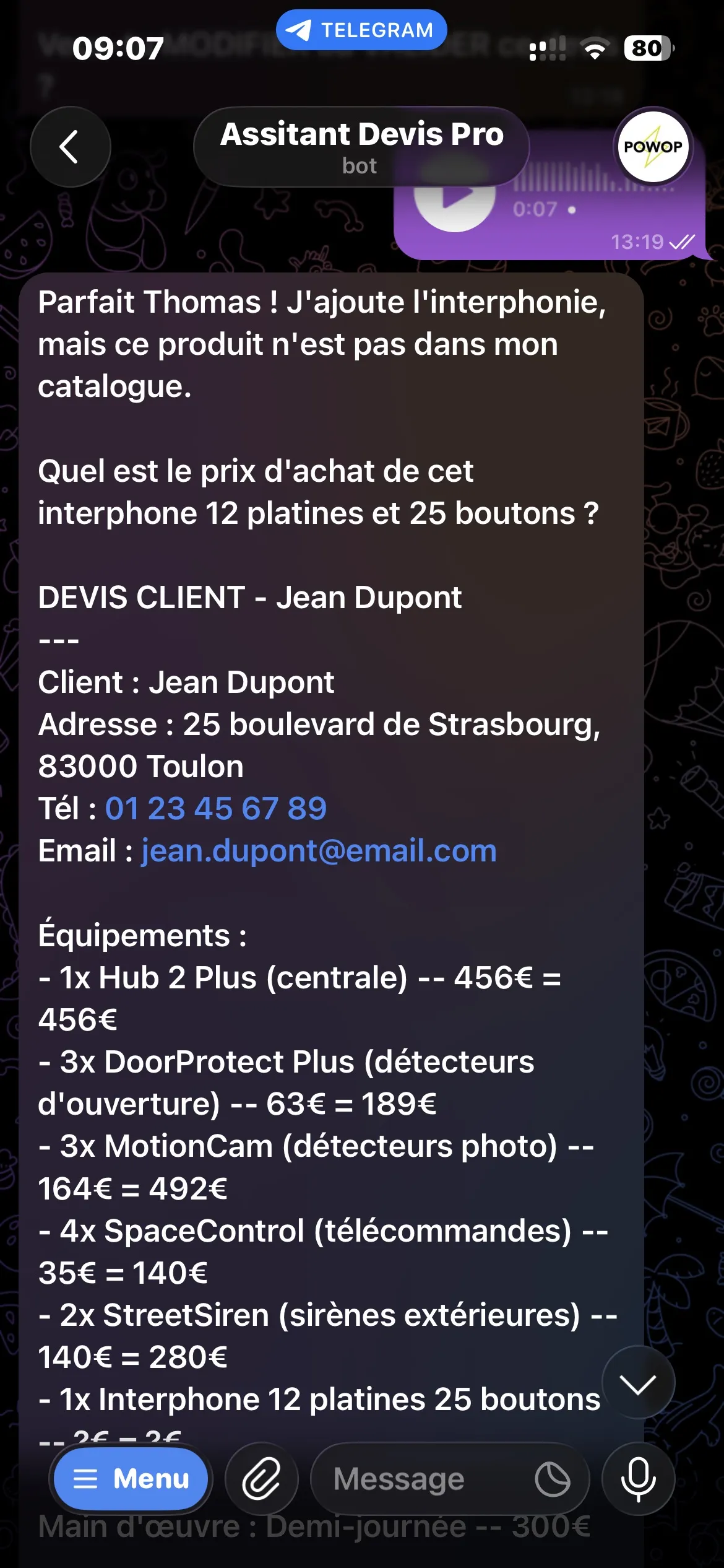 Notification Telegram de relance automatique envoyée par le CRM